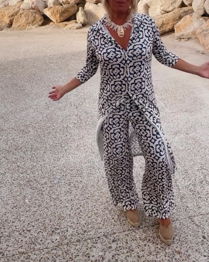 Amalia™ | Ensemble Vintage Imprimé à Deux Pièces avec Revers et Boutons