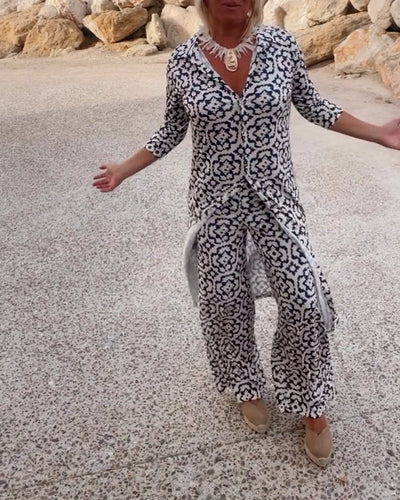 Amalia™ | Ensemble Vintage Imprimé à Deux Pièces avec Revers et Boutons