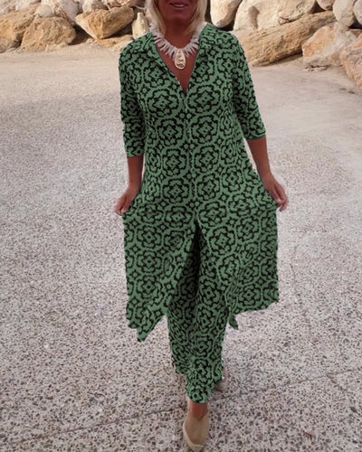 Amalia™ | Ensemble Vintage Imprimé à Deux Pièces avec Revers et Boutons