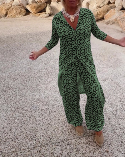 Amalia™ | Ensemble Vintage Imprimé à Deux Pièces avec Revers et Boutons