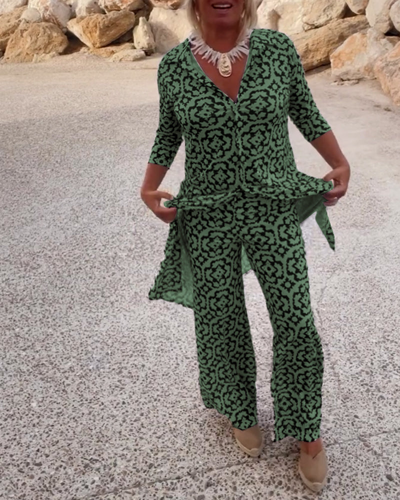 Amalia™ | Ensemble Vintage Imprimé à Deux Pièces avec Revers et Boutons