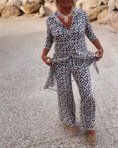 Amalia™ | Ensemble Vintage Imprimé à Deux Pièces avec Revers et Boutons